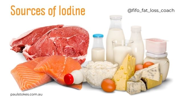 Nutrition sources of iodine include seafood, eggs, meat, milk and dairy