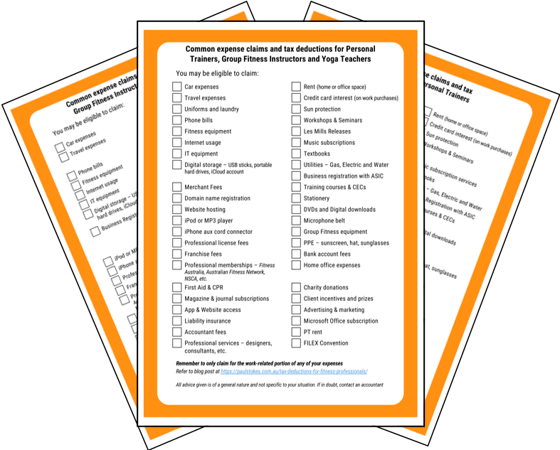 Tax Deductions and Expense Claims for Personal Trainers Group Fitness Instructors Yoga and Zumba Teachers Cheat Sheet PDF