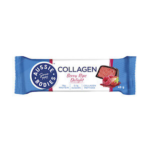 Aussie Bodies Collagen Berry Ripe Delite has just 0.6g carbohydrates per bar