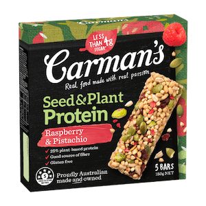 Carman's Raspberry & Pistachio Seed & Plant Protein Bar was the healthiest muesli bar in Paul Stokes' survey, scoring a 5 out of 5 Health Star Rating