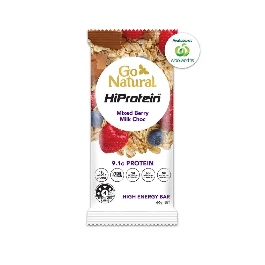Go Natural HiProtein Mixed Berry Milk Choc High Energy Bar contains 35.8g carbohydrates