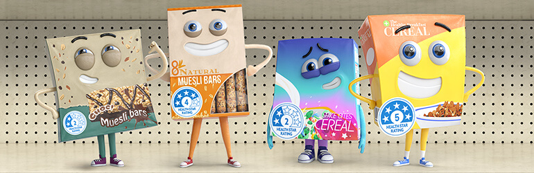 Health Star Rating cartoon image depicting nutrition comparison between muesli bars and breakfast cereal packaging