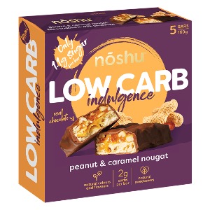 Noshu Low Carb Peanut and Caramel Nougat Indulgence Bar has just 2.0g carbohydrates in each serving