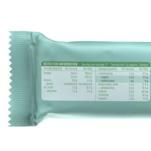Nutriiton Information panel on Well Naturally No Sugar Added Milk Chocolate Peppermint Chip Snack Bar