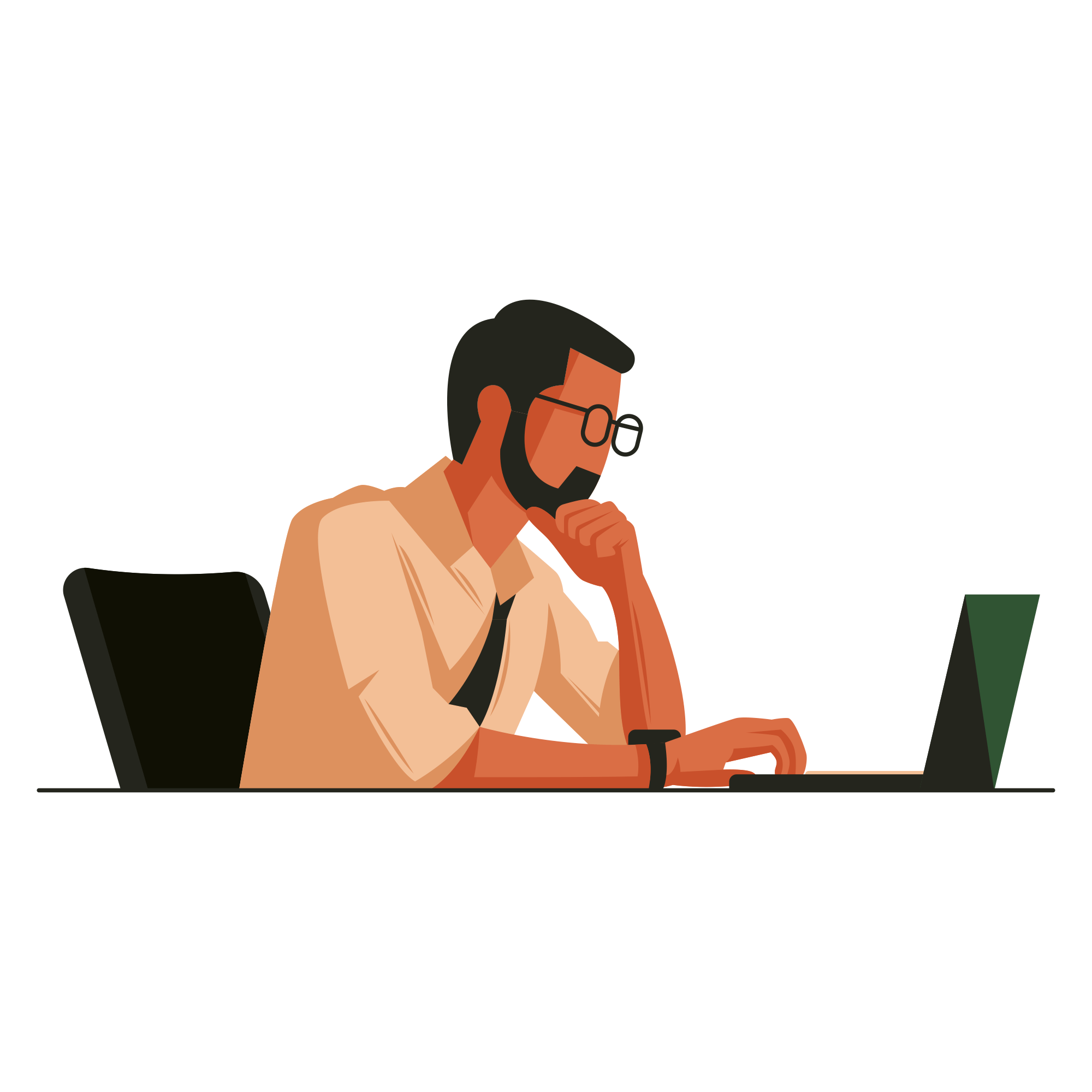 Illustration of an office worker hunched at his desk in front of a computer screen with a lack of optimal posture